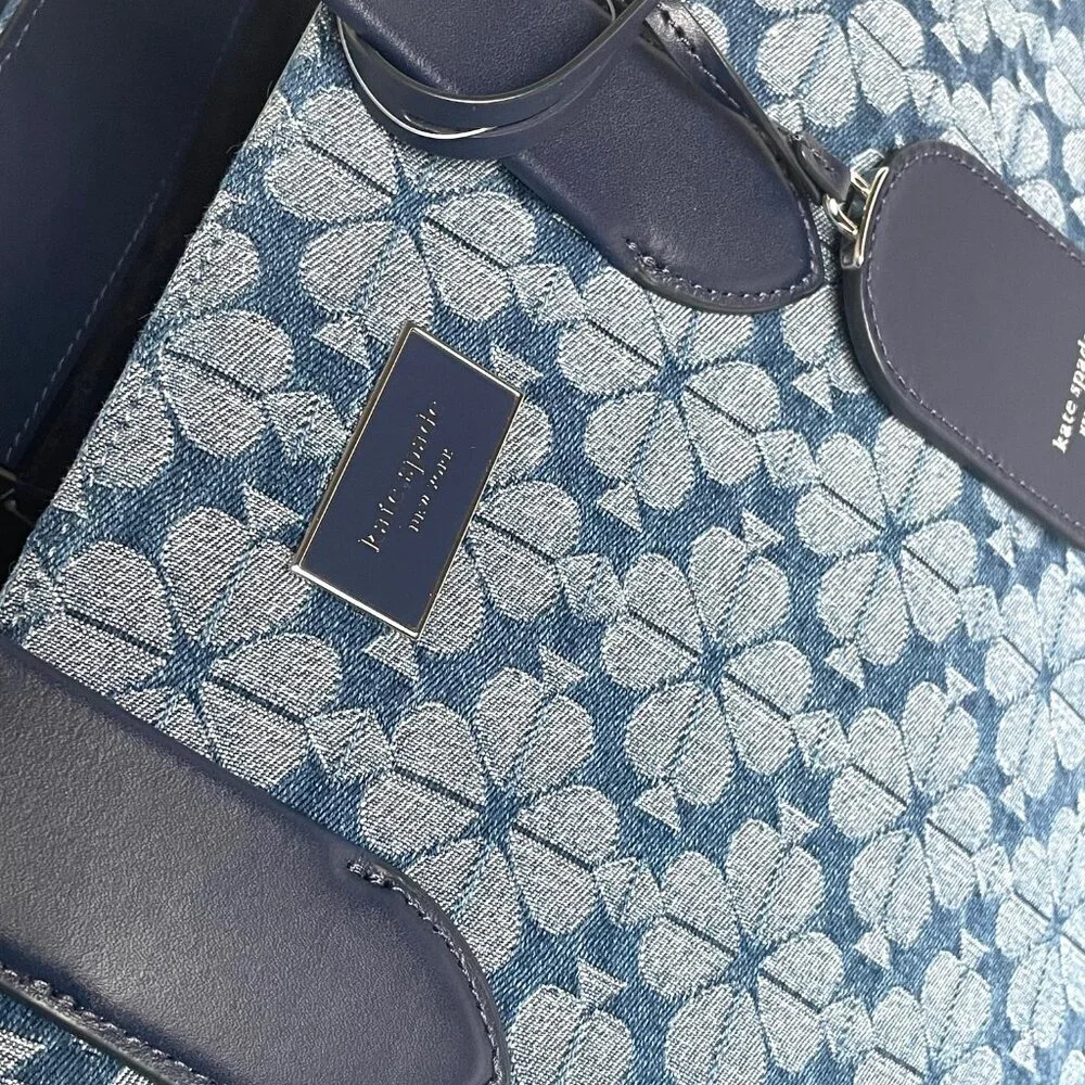 Kate Spade Jacquard Denim Large Manhattan Tote Bag Blue Flower Shoulder Strap - Picture 12 of 13